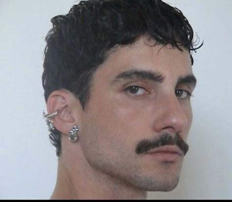 Bob Men Haircut, Curly Hair Men's Haircuts, Curly Hair And Mustache, Unique Guy Hairstyles, Very Short Curly Hair Men, Men Aesthetic Haircut, Queer Men Haircut, Men Pixie Haircut, Adrogonus Hair Medium