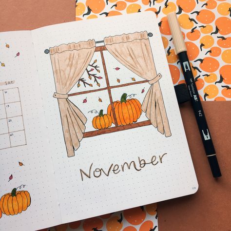 november fall window bullet journal theme #bujo #bujoideas #bulletjournal #bulletjournaling #bulletjournalideas November Bujo Theme Ideas, Fall Bujo Cover, November Bulletin Journal Ideas, November Page Bullet Journal, Bujo November Mood Tracker, November Reading Journal, November Journal Spread, Fall Bullet Journal Theme, November Bullet Journal Cover Easy