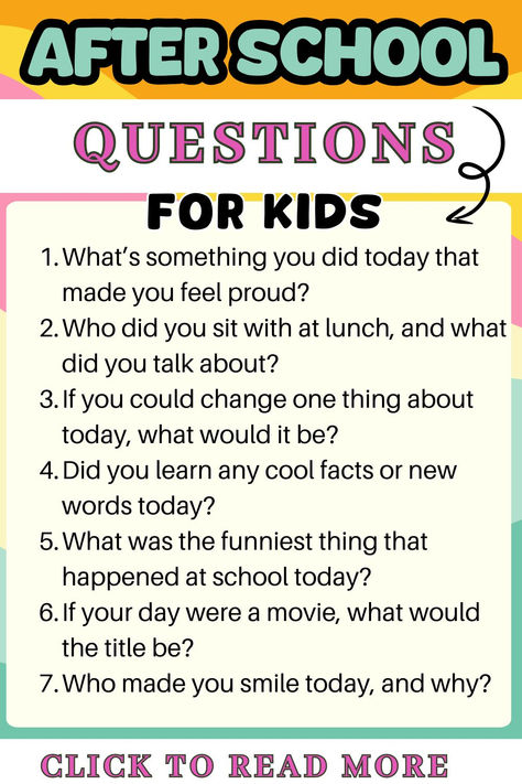 20 Questions to Ask Your Kids After School | If you find it challenging to get your toddler, elementary-aged child, or tween to share more than just 'fine' or 'nothing' about their school day, this post is for you! We've gathered the best questions designed to get kids talking. Skip the yes/no questions and try these fun and creative open-ended prompts to spark meaningful conversations Questions To Ask Kids After School, Would You Rather Questions For Kids, After School Activities For Kids, Fun Questions For Kids, Questions To Ask Your Kids, School Questions, Yes No Questions, Questions For Kids, Best Questions