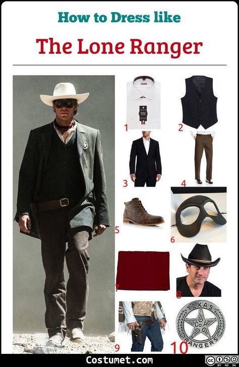 John Reid, the lone ranger costume is a white dress shirt underneath a black vest and blazer, brown pants, a red scarf, and a black eye mask. He also sports a white cowboy hat and his Texas Ranger star. #Male #male #movies #Disney #western #cowboy #TheLoneRanger #sheriff Lone Ranger Costume, Cowboy Costume For Men, Black Eye Mask, Cowboy Halloween Costume, Film Theme, Boys Halloween Costumes Diy, Ranger Costume, White Cowboy Hat, Mens Halloween