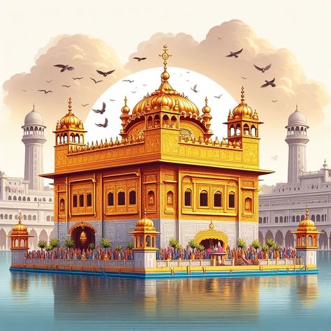 Gurudwara Golden Temple, Gurdwara Golden Temple, Punjab Golden Temple, Golden Temple Amritsar Painting, Golden Temple Architecture, Shri Harmandir Sahib Ji, Harmandir Sahib Drawing, Golden Temple Illustration, Amritsar Illustration