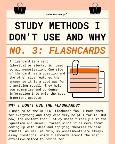 📚 study methods that I DON’T use and why 📚 • QOTD: what do you study? • 💾 𝙎𝙖𝙫𝙚 𝙖𝙣𝙙 𝙨𝙝𝙖𝙧𝙚 𝙩𝙝𝙞𝙨 𝙥𝙤𝙨𝙩 𝙛𝙤𝙧 𝙧𝙚𝙛𝙚𝙧𝙚𝙣𝙘𝙚 𝙖𝙣𝙙 𝙩𝙤 𝙝𝙚𝙡𝙥 𝙚𝙣𝙜𝙖𝙜𝙚𝙢𝙚𝙣𝙩! (𝙖𝙣𝙙 𝙛𝙤𝙡𝙡𝙤𝙬 @myhoneststudyblr 𝙛𝙤𝙧 𝙢𝙤𝙧𝙚!) • ⬅️ 𝙨𝙬𝙞𝙥𝙚 𝙩𝙤 𝙨𝙚𝙚 𝙢𝙮 𝙩𝙞𝙥𝙨 • I have done lots of posts talking about how I study and the methods I use to revise for exams. And a little while ago I shared my four favourite methods which you were all interested in! But I thought today I should share the methods that I DON’T use and why exactly they aren’t useful for m... Sin Cos, Memorization Techniques, Study Method, Study Apps, English Teaching Resources, Best Study Tips, Study Tips For Students, College List, Effective Study Tips