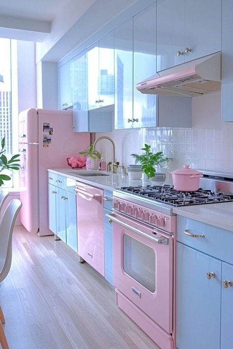 Pastel Kitchen Ideas, Tiny Apartment Kitchen, Light Bright Kitchen, Colorful Cabinets, Apartment Kitchen Decor, Colored Cabinets, Pastel Kitchen Decor, Pastel Interior Design, Pink Kitchens