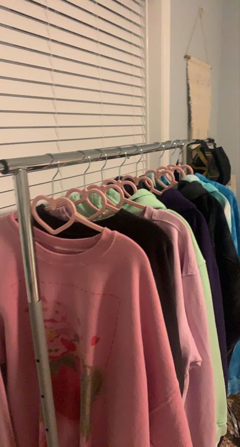 Hoodies On A Rack, Jacket Rack Aesthetic, Clothing On Hangers Aesthetic, Aesthetic Coat Hanger, Aesthetic Clothes Hanger Rack, Thrift Aesthetic, Clothing Rack, Crew Neck, Room Decor