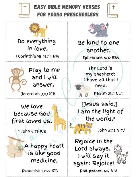 "Easy Bible Memory Verses for Young Preschoolers is a compilation of sixteen simple, easy to understand and easy to memorize Bible verses for ages 2+.  These verses have been collected from various translations as the perfect introduction to God's Word for the young preschoolers! 📥 How It Works 📥 * Purchase this digital download. * Download the PDF files instantly. Formatted to: PDF 8.5\" x 11\". You will receive two pages of verses. 8 verse per page. 16 total.  * Print as many copies as you need.  * We suggest printing these cards on quality cardstock for a professional and durable finish. PLEASE NOTE: This listing is for a digital download only. No physical items will be shipped. TERMS: * This file is for personal use only. * Do not share your file with anyone or reproduce the artwork Toddler Scripture Memory, Kids Scripture Memory, Preschool Memory Verses, Bible Verses For Kids Behavior, Bible Verses For Children To Memorize, Kids Bible Verses To Memorize, Bible Verses For Toddlers To Memorize, Easter Scriptures For Kids, Bible Verses For Kindergarten