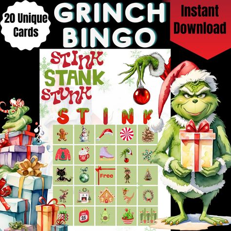 Grinch Bingo, Grinch Characters, Christmas Bingo Game, Christmas Gift Exchange Games, Christmas Gift Games, Adult Christmas Party, Gift Exchange Games, Bingo Set, Christmas Bingo