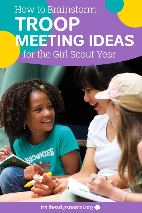 Pin this for later! Here are three easy steps and great ideas to make brainstorming Girl Scout meeting ideas go smoothly this year: Girl Scout 1st Meeting Ideas, Scout Meeting Ideas, Brownie Meeting Ideas, Girl Scout Brownies Meetings, Team Meeting Ideas, Scouts Activities, Girl Scout Meeting Ideas, Brownie Ideas, Girl Scouts Cadettes