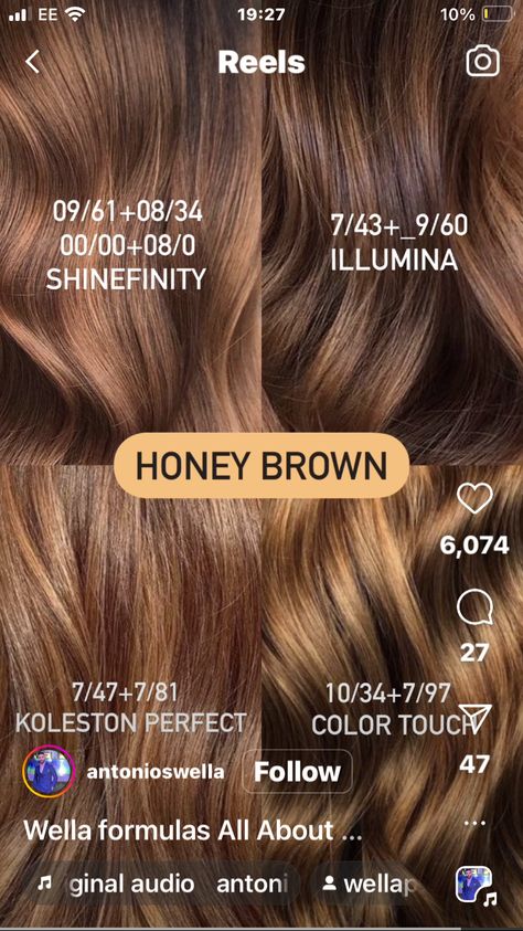 Golden Undertones Hair, Copper Brown Hair Color Formulas, Honey Brown Formula, Caramel Hair Color Formula, Wella Hair Formulas, Wella Brown Color Formulas, Hair Toner Colors Brunette, Honey Brown Hair Color Formula, Illumina Color Chart