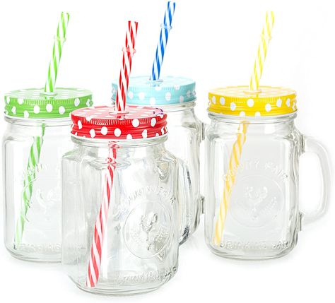 AmazonSmile: Mason Jar Mugs with Handle, multi COLORED Lids and Plastic Straws. 16 Oz. Each. Old Fashion Drinking Glasses - pack of 4 by Premium Vials: Kitchen  Dining Smoothie Glass, Mason Jar Glasses, Mason Jars With Handles, Mason Jar With Straw, Plastic Mason Jars, Mason Jar Mugs, Clear Glass Tumbler, Mason Jar Cups, Drinking Jars