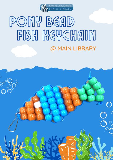 Join us for Craft Thursday! Enjoy making this fin-tastic pony bead fish keychain! Ages: 5 to 12 years old. All materials provided. Please register online or by calling (913) 295-8250 ext. 1013. Limit 20.  All leftover supplies will be available for pick-up starting Friday, July 8, as a to-go craft. Pony Bead Fish, Pony Beads Patterns, Bead Pets Pattern Easy, Pony Bead Keychain Patterns, Pony Bead Animals Patterns, Pony Bead Patterns Easy, 3d Kandi, Bead Pets, Pony Bead Animals