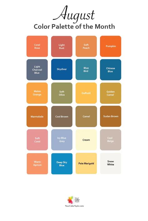 This month's color palette was inspired by this month's featured trending colors. I placed the colors on the color wheel so that you can see which colors are cool or warm. Plus, which colors are bright or soft. The numbers on the color wheel will align with your color fan. If you know your color type, you can use the color wheel to identify which colors will flatter you. If you don't know your color type yet, take the free color analysis quiz. Get the palette and links to the quiz here! September Wedding Colors, March Colors, June Colors, August Colors, September Colors, Your Color Style, July Colors, Trending Colors, September Wedding