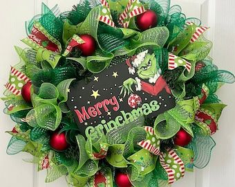 Diy Deco Mesh Wreath, Monster Wreath, Grinch Wreath, Grinch Who Stole Christmas, Merry Grinchmas, Christmas Mesh Wreaths, Holiday Door, Holiday Wreath, Grinch Christmas