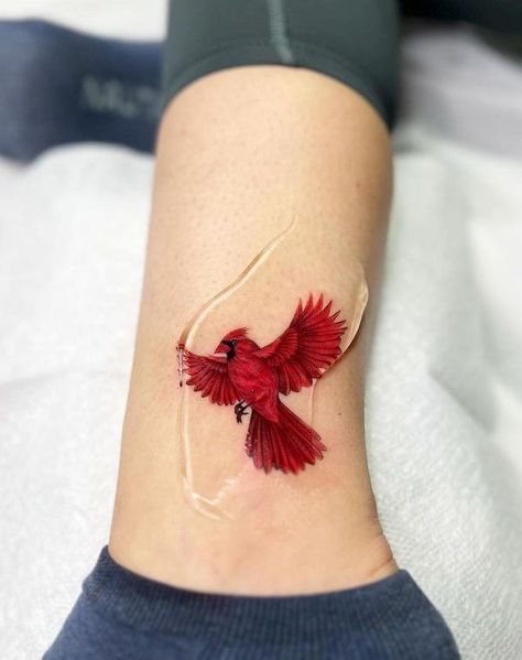 Bird Tattoo On Leg, Cardinal Ankle Tattoo, Cardinal Wrist Tattoo, Red Ankle Tattoo, Delicate Cardinal Tattoo, Tiny Red Cardinal Tattoo, Red Bird Tattoos For Women, Red Cardinal Tattoo Small Outline, Cardinal Feather Tattoo