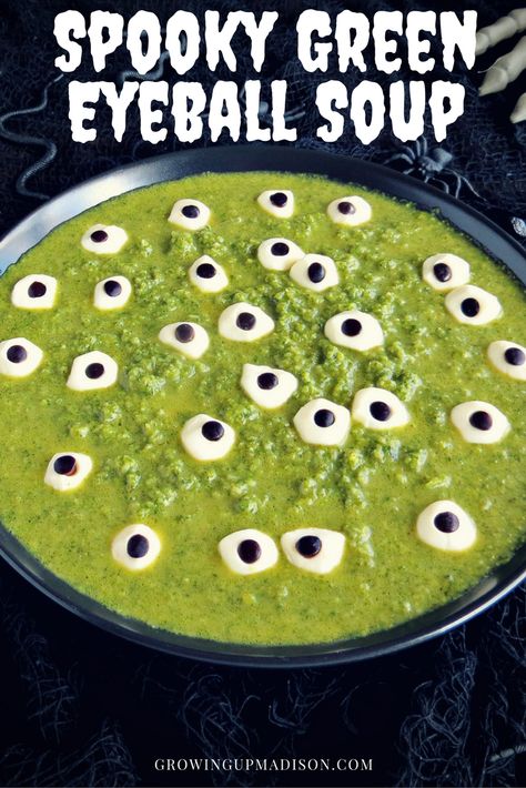 Spooky Green Eyeball Soup - AnnMarie John Spooky Soup, Halloween Soup, Halloween Bunco, Bunco Ideas, Soup Ideas, Halloween Party Treats, Green Soup, Spinach Soup, Halloween Dinner