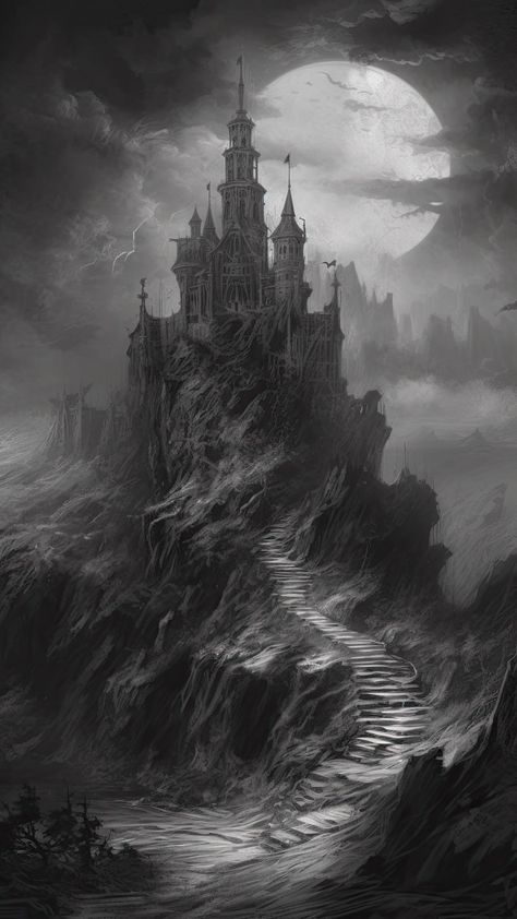 Charcoal Fantasy Art, Spooky Nature Aesthetic, Medieval Castle Tattoo Design, Midevil Tattoos Sleeve, Dark Castle Tattoo, Gothic Castle Drawing, Dark Castle Art, Gothic Castle Art, Viking Castle