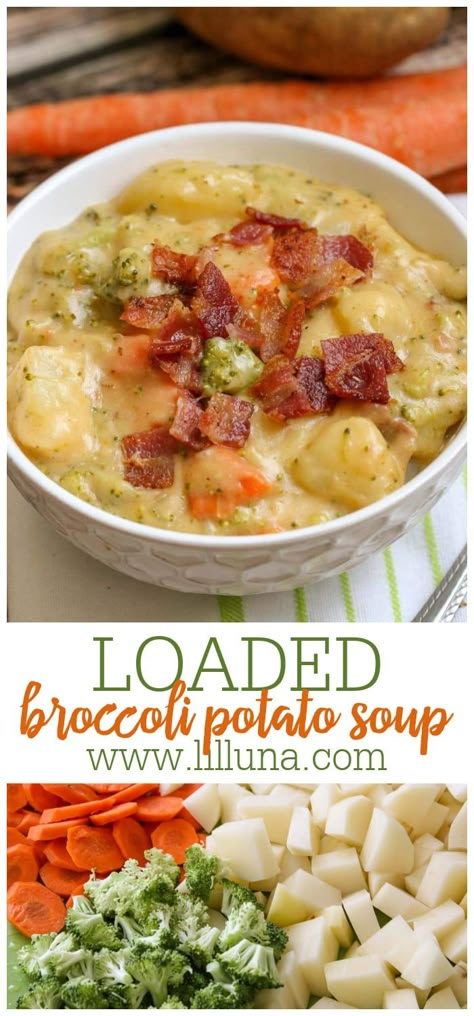 This thick and creamy soup is full of delicious vegetables including broccoli, potatoes, and carrots, plus lots of cheese and delicious seasonings. Loaded broccoli potato cheese soup is the ultimate cheesy broccoli soup recipe. #loadedbroccolipotatosoup #broccolipotatosoup #loadedpotatosoup #potatobroccolisoup #loadedbroccolicheeseandpotatosoup Potatoe Broccoli Cheddar Soup, Broccoli Cheddar Soup With Potatoes, Loaded Broccoli Potato Soup, Potato Cheddar Broccoli Soup, Broccoli Rice Soup, Broccoli Cheddar Potato Soup, Broccoli Cheese Potato Soup, Potato Broccoli Cheese Soup, Potato Vegetable Soup