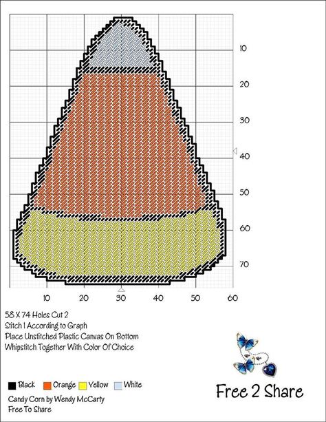 CANDY CORN by WENDY McCARTY Candy Corn Plastic Canvas, Halloween Canvases, Halloween Perler, Autumn Patterns, Wooden Clothespin Crafts, Pc Ideas, Needlework Christmas, Plastic Canvas Coasters, Needlepoint Ornaments