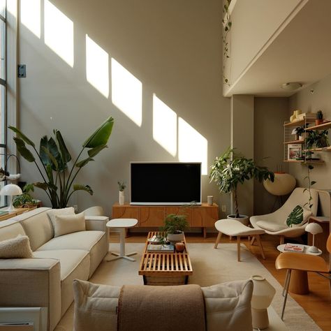 All Posts • Instagram Modern Cozy Aesthetic, Loft Apartment Decorating Cozy, Chicago Living Room, Warm Cozy Interior Design, Japandi Basement, Cozy Living Room Layout, Warm Scandinavian Interior, Monaco Apartment, Cozy Mid Century Modern