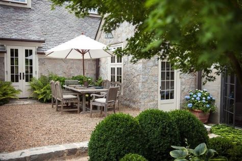 I like these more contemporary, clean-lined French doors leading out into a gravel patio with stone. French Country Patio, Pea Gravel Garden, Country Patio, Pea Gravel Patio, Patio Pictures, Gravel Patio, Patio Projects, Patio Inspiration, Gravel Garden