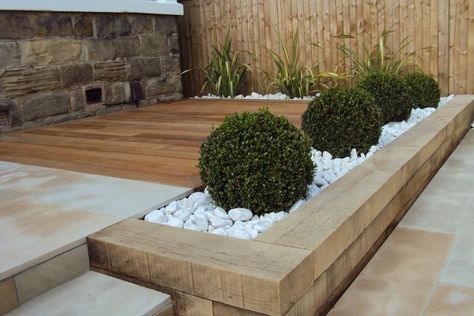 Possibly use sleepers for the raised beds instead if the white looks too stark (would be interested in difference in price) Box Beds, Townhouse Backyard, Sleepers In Garden, Design Per Patio, Deck Pergola, Raised Patio, Dreamy Garden, Manchester Terrier, Back Garden Design