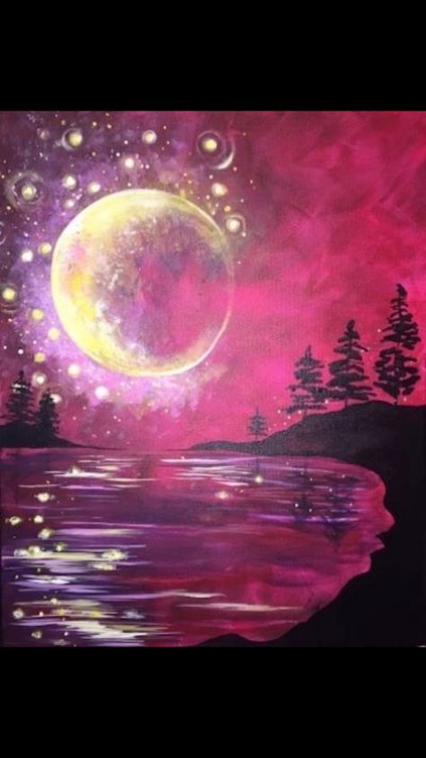 Sunset Drawings, Wine Paintings, Coffee Canvas, Paint Nite, Paint Night, Moon Painting, Night Painting, Art Painting Acrylic, Moon And Stars