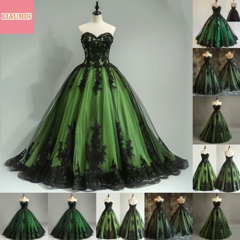 Black And Green Gown, Green And Black Wedding Dress, Green Wedding Gown, Faerie Dress, Black Lace Ball Gown, Dark Green Prom Dresses, Christmas Wedding Dresses, Purple Ideas, Green Ball Gown