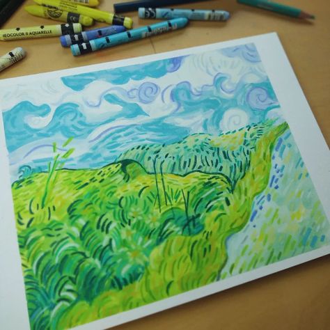 Fresh green fields with a study of Van Gogh for a Saturday morning 💚 This is a little tricky as despite owning an excessive amount of green art materials, I still didn't have quite the right colours! Neocolor 2 and colored pencil over gouache. . . . #masterstudy #vangoghlover #vangoghart #landscapeillustration #landscapeartist #drawingdaily #dailydrawing Van Gogh Study, Gouache And Colored Pencil, Coloured Pencil Art, Guache Art Gouache Painting, Gouache And Colored Pencil Illustration, Guache Paintings Ghibli, Studio Ghibli Gouache Painting, Gouche Painting Ideas Studio Ghibli, Ghibli Gouache Painting