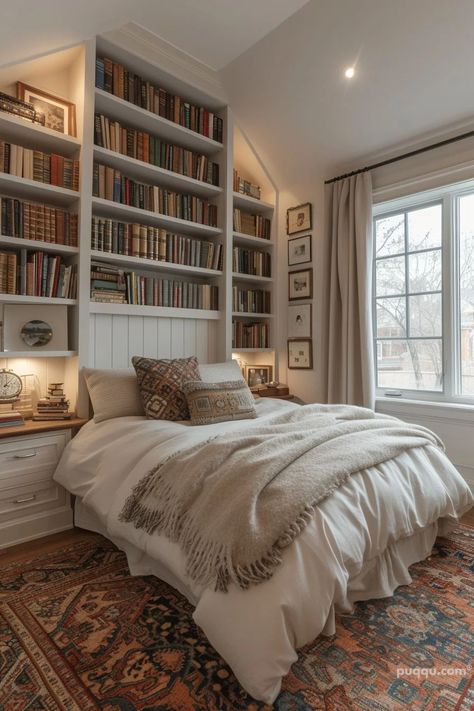 Book Lover's Bedroom Ideas: Create Your Cozy Literary Haven - Puqqu Bedroom Book Aesthetic, Cozy Bedroom Books, Cozy Bedroom Bookshelves, Bedroom Ideas Book Lovers, Bedroom Library Ideas Reading Corners, Library Inspired Bedroom, Home Library Bedroom, Bookshelves In Bedroom Master, Bedroom Ideas For Book Lovers