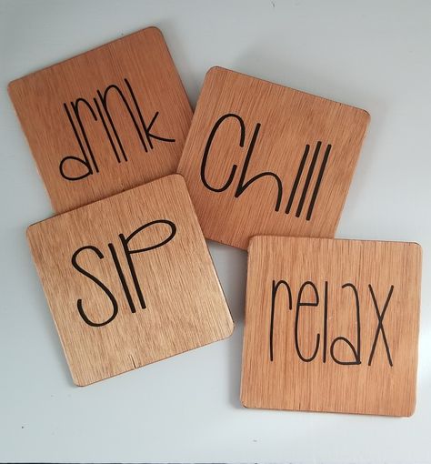 Wood Coasters - Handmade Wood Coasters Diy, Wood Burn Designs, Engraved Coasters, Laser Cut Wood Crafts, Laser Engraved Ideas, Wood Burning Crafts, Wood Burning Patterns, Scrap Wood Projects, Wood Burning Art