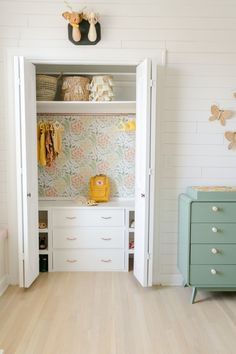 Nursery Tour, Cozy Rugs, Small Closets, Closet Organization Diy, A Beautiful Mess, White Dresser, Shabby Chic Bedroom, Kids Room Wallpaper, Bed In Closet