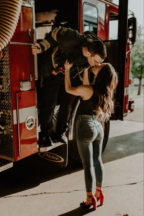 Nurse And Firefighter Couple Photo Ideas, Cute Firefighter Couple Pictures, Firefighter Relationship Goals, Firefighter Couple Aesthetic, Firefighter Romance Aesthetic, Firefighter Relationship, Fire Department Engagement Photos, Fireman Engagement Pictures, Firefighter And Nurse Couple