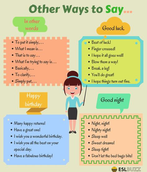 Other ways to say: In other words, Good luck, Happy birthday, Good night, I like it, Hurry up, Tired. English Collocations, Other Ways To Say, Teaching English Grammar, Improve English, Learning German, English Learning Spoken, Conversational English, English Vocab, Good Vocabulary Words