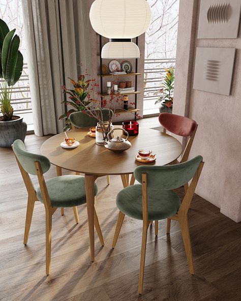 Small Living Dining Room, Round Dining Table Small, Small Living Dining, Tiny Dining Rooms, Apartemen Studio, Japandi Living Room, Round Dining Room Table, Japandi Living, Apartment Dining