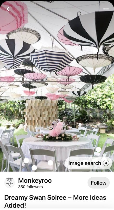 Swan Soiree, Swan Birthday Party, Swan Birthday, Paris Themed Birthday Party, Paris Tea, Parisian Party, Paris Birthday Parties, Quinceanera Planning, Umbrella Decorations