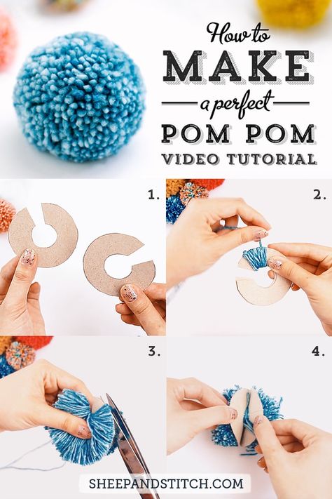 Learn how to make a pom pom for beginners. An easy pom pom is within reach if you follow this detailed tutorial. Make a perfect pom pom that's round and even in no time! #sheepandstitch #pompom #knitting #craftideas How To Pom Pom, Pom Pom How To Make, Pom Pom Crafts How To Make, Pom Pom Tutorial How To Make, How Do You Make Pom Poms Out Of Yarn, How Make Pom Poms, Pom Pom Instructions, Make A Pom Pom, How To Do Pom Poms