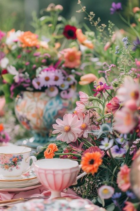 Charming Tea Party Birthday Ideas for All Ages Tea Party In The Garden, Whimsical Tea Party Decorations, Bridgerton Inspired Tea Party, Tea Party Theme Party, Fancy Tea Party Birthday, Vintage Tea Party Aesthetic, Wildflower Tea Party, Garden Tea Party Wedding, Kitchen Tea Themes