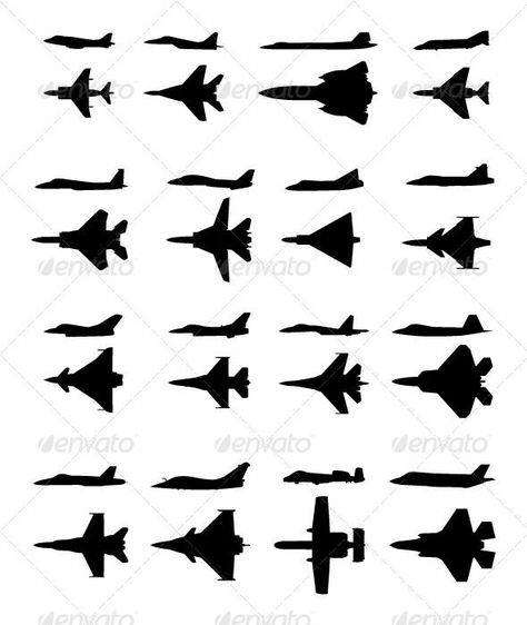 Top row L to R: AV-8B Harrier, MiG-29 Fulcrum, SR-71 Blackbird, F-4 Phantom. 2nd row: F-15 Eagle, F-14 Tomcat, Mirage 2000, Saab JAS-39 Gripen. 3rd row: Eurofighter Typhoon, F-16 Viper, Sukhoi Su-27 Flanker, F-22A Raptor. Bottom row: F-18 Hornet, Rafaele, A-10 Warthog, F-35 Lightning II. Fighter Jet Tattoo, Jet Silhouette, Aircraft Tattoo, Aviation Tattoo, Jet Design, Ace Of Spades Tattoo, Jas 39 Gripen, Plane Tattoo, Jet Fly