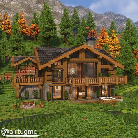 Cabin Houses Minecraft, Minecraft Hilltop House, Minecraft Log Cabin Blueprint, Minecraft Wood Mansion, Minecraft Log House, Beautiful Minecraft Houses, Minecraft Mountain House Interior, Fall Minecraft House, Spruce Cabin Minecraft