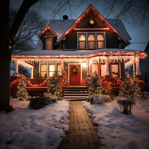 Immerse yourself in the holiday spirit with these beautifully decorated homes. From a small house lit up with Christmas lights to a house decorated at night with Christmas lights, each scene is rendered in richly layered light crimson and white or light bronze and red. The atmospheric and moody lighting of a Christmas house exterior completes the collection. #HolidayHomes #ChristmasLights #Decorations Exterior Christmas Lights Small House, Christmas Homes Exterior, Christmas Decorated House Exterior, Christmas House Aesthetic Exterior, Black House Christmas Decor Exterior, Suburban Christmas House, House During Christmas, Houses Decorated For Christmas Exterior, Modern Christmas House Exterior