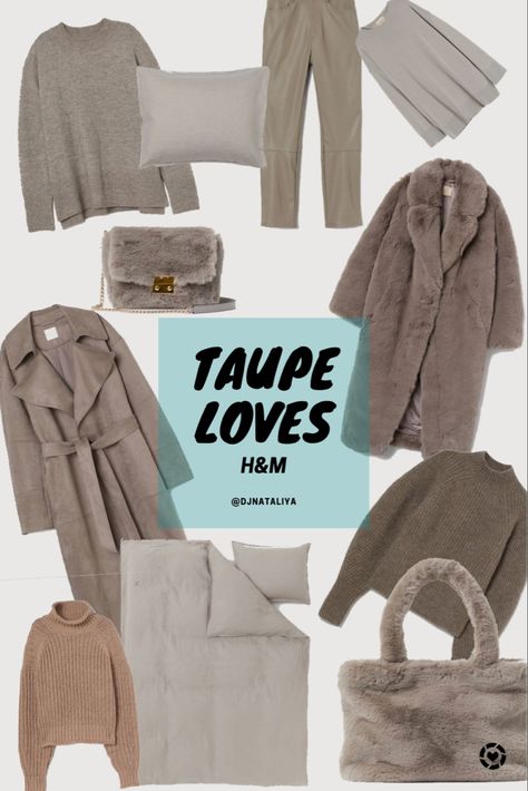 Taupe, beige, neutrals, dark brown. Faux fur coat, long coat, pants, cashmere, wool blend alpaca sweater, turtleneck, fur crossbody, shopper bag, comforter, pillows. Taupe And Brown Outfit, Taupe Coat Outfit, Taupe Clothes, Outfits Classic Style, Cute Casual Clothes, Pants Fall Outfit, Taupe Outfit, Taupe Pants, Tan Outfit