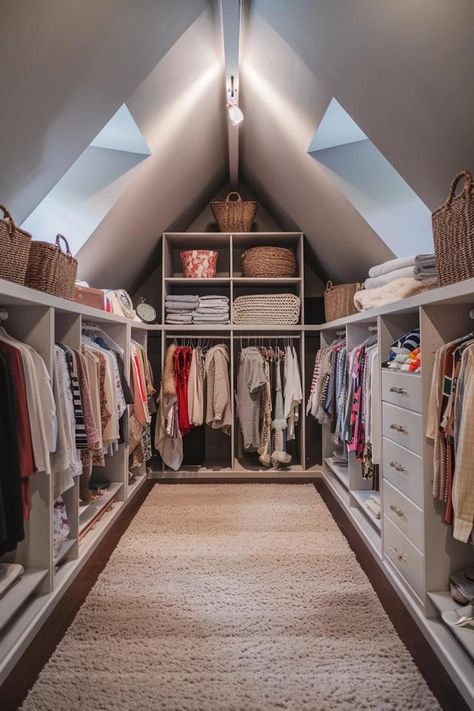 Transform Your Attic with Chic Closet Ideas Closet Staircase To Attic, Closet Behind Bed Attic, A Frame Walk In Closet, Attic Main Bedroom Ideas, Closet Attic Sloped Ceiling, Closet Design Slanted Ceiling, Sloping Roof Closet, Attic Room Closet Sloped Ceiling, Loft Eaves Storage Ideas