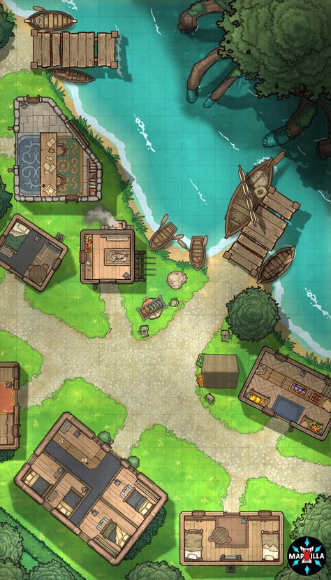 Grid Rpg, Dnd Dungeon, Village Map, Japanese Village, Fishing Dock, Building Map, Map Making, Rpg Ideas, Tabletop Rpg Maps