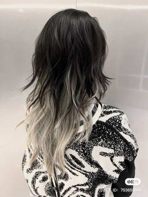 Gray On Top Black Underneath Hair, Wolfcut With White Highlights, Silver Under Black Hair, Black With White Tips Hair, Silver Streaks In Black Hair, Black And White Layered Hair, Black And White Hair Wolfcut, Dyed Wolfcut Hair, Brown Hair With Silver Tips