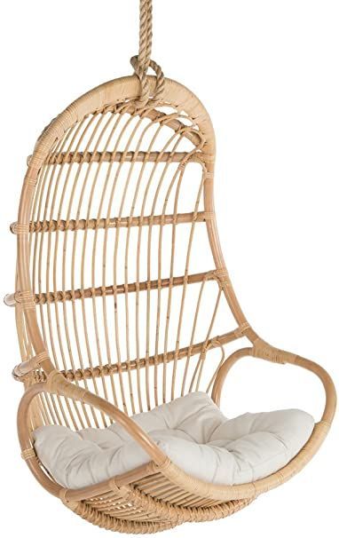 Color	Natural
Form Factor	Wood
29 inches wide x 30 inches deep x 47 inches tall. Seat Cushion 24 inches x 26 inches
Hand crafted from naturally grown rattan. Not intended for outdoor use. Cannot be left exposed to the elements.
Feet of hemp Rope included. Hanging hardware is not included.
Installation by a professional required.
Clean rattan with damp cloth. Dry clean removable cotton Seat Cushion cover. Hanging Rattan, Hanging Egg Chair, Hammock Stand, Swing Chair, Chair Rail, Hammock Chair, Rattan Chair, Rattan Furniture, Egg Chair