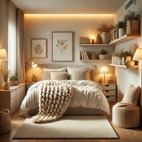 Cozy Parents Bedroom, Cozy Bedroom Decor Ideas Relaxing, Cozy Small Reading Room, Cosy Teen Bedroom, Simple Cozy Room Ideas, Neutral Bedroom With Plants, Small Room Design Bedroom Aesthetic Cozy, Window Bed Design, Cozy Basement Bedroom Ideas