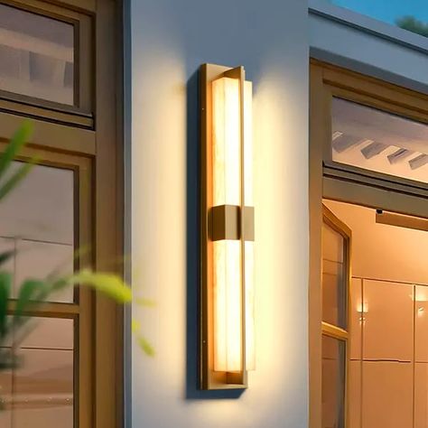 Modern Outdoor Lighting Fixtures Front Door, Modern Coach Lights Exterior, Art Deco Outdoor Lighting, Front Door Lighting Exterior Modern, Exterior Modern Lighting, Mcm Exterior Lighting, Brass Outdoor Light Fixtures, Outdoor Lights Front Door, Modern Exterior Light Fixtures