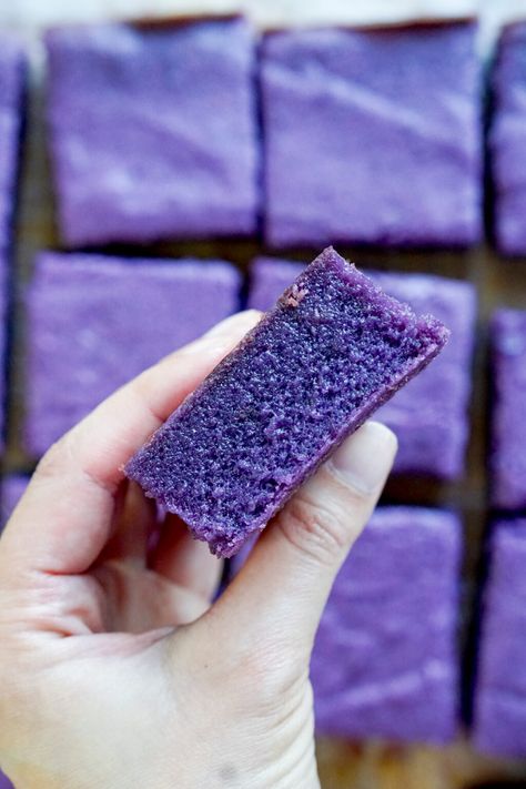 The Best Ube Butter Mochi - Mochi Mommy Asian Bread Dessert, Butter Mochi Recipe Hawaiian Desserts, Mochi Butter Cake Recipe, Easy Ube Recipes, Ube Mochi Brownies, Asian Baking Recipes, Ube Butter Mochi Recipe, Mochico Recipe, Ube Condensed Milk Recipe