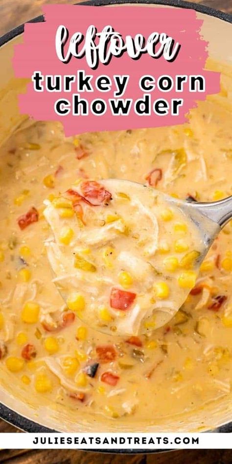 Turkey Corn Chowder is a hearty, delicious soup recipe that's perfect for using up leftover turkey or chicken. Make this with your holiday leftovers. It's easy but bursting with flavor! Turkey Chowder Recipes, Turkey Corn Chowder, Turkey Chowder, Turkey Roasted, Corn Chowder Soup, Traditional Holiday Recipes, Turkey Soup Recipe, Smoked Turkey Recipes, Leftover Recipes