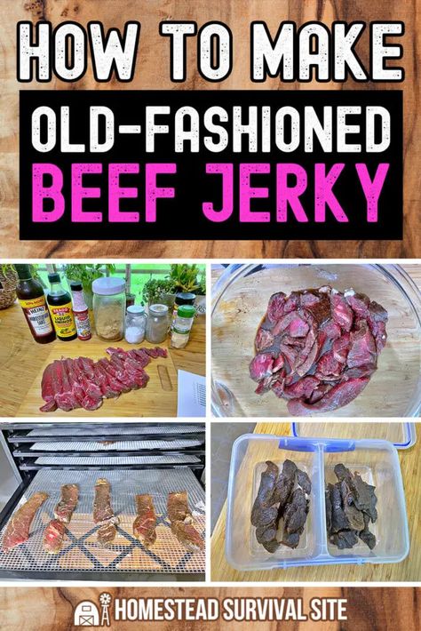 Old-fashioned beef jerky is a delicious and long-lasting survival food. Learn how to make your own homemade beef jerky with this recipe. Beef Jerky Recipe Oven, Beef Jerky Recipe Dehydrator, Beef Jerky Marinade, Jerky Recipes Dehydrator, Jerkey Recipes, Jerky Marinade, Best Beef Jerky, Homemade Beef Jerky, Homestead Style