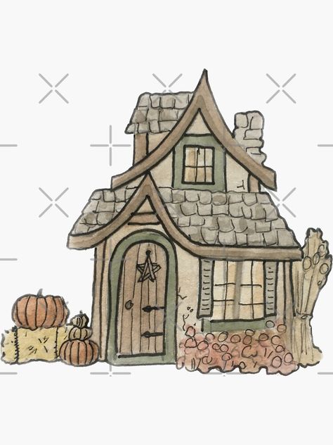 "Autumn Cottage Illustration in Watercolor" Sticker by WitchofWhimsy | Redbubble Cute Cottage Drawing Simple, Small Cottage Drawing, Cottage Illustration Simple, Witches House Drawing, Cottage House Drawing Easy, Witch Cottage Drawing, Fairytale Cottage Drawing, Small House Illustration, Cottage Core Doodles